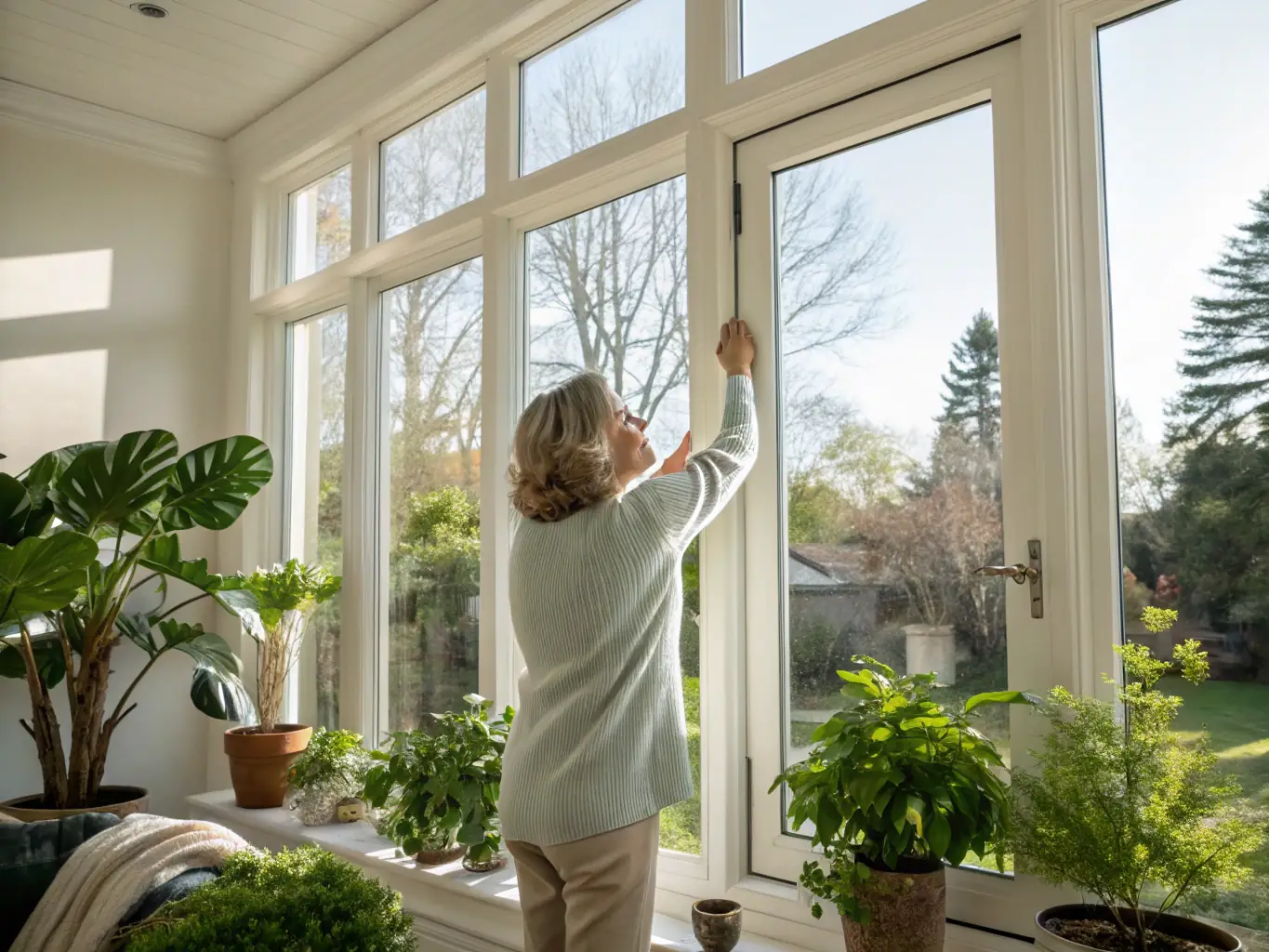 A person opening windows in a home filled with plants, allowing fresh air to circulate, symbolizing natural ventilation and improved indoor air quality.