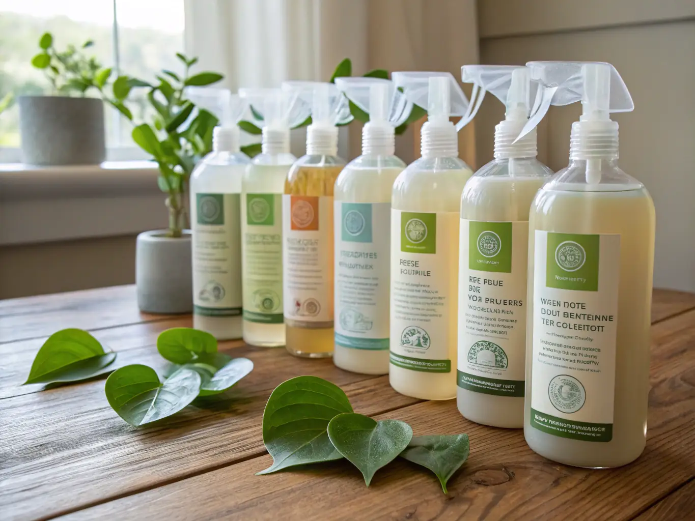 A collection of eco-friendly cleaning products displayed on a shelf, highlighting their natural ingredients and sustainable packaging, promoting healthier indoor air.