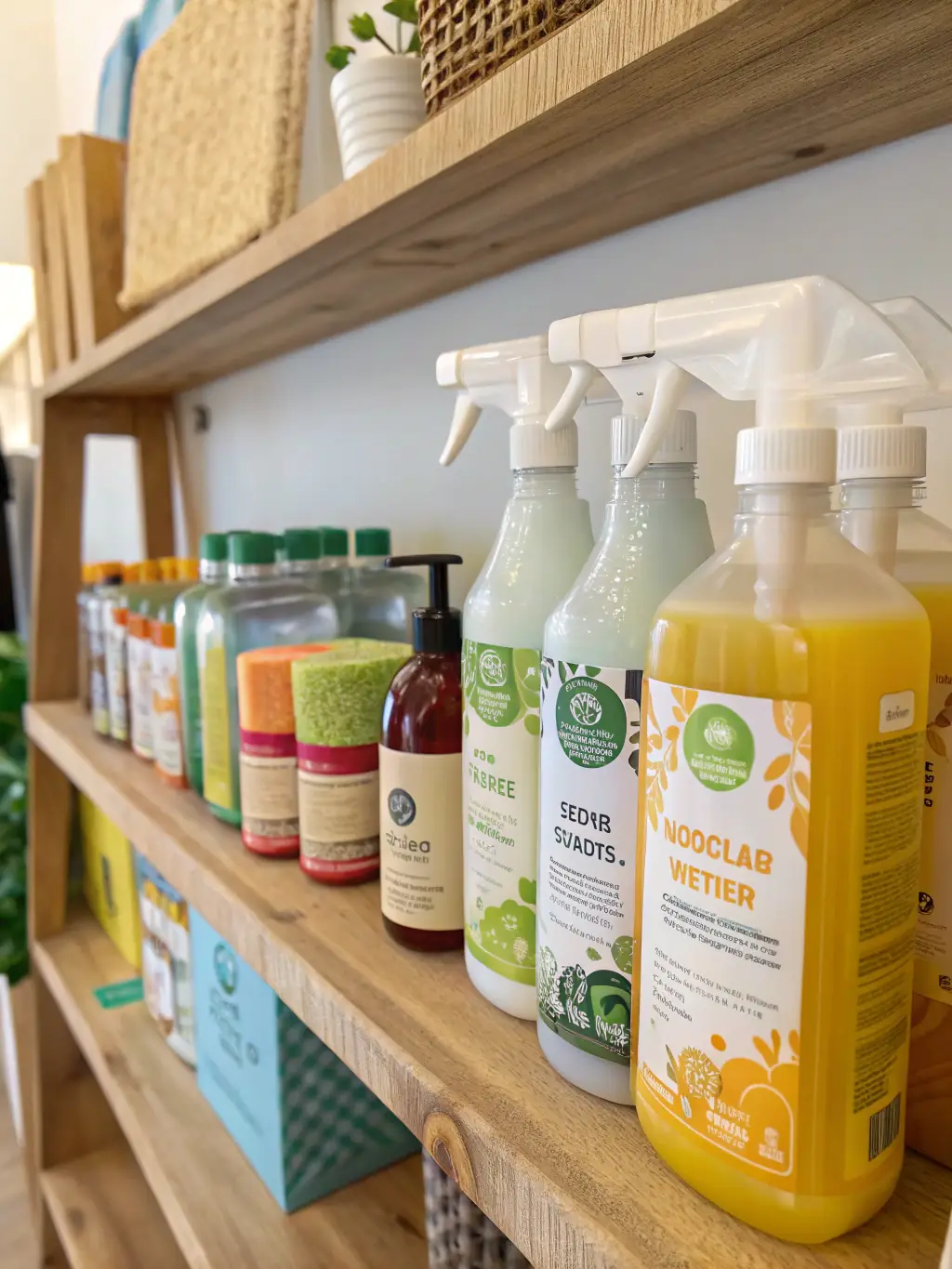 A shelf filled with various eco-friendly cleaning products, highlighting their natural ingredients and sustainable packaging.
