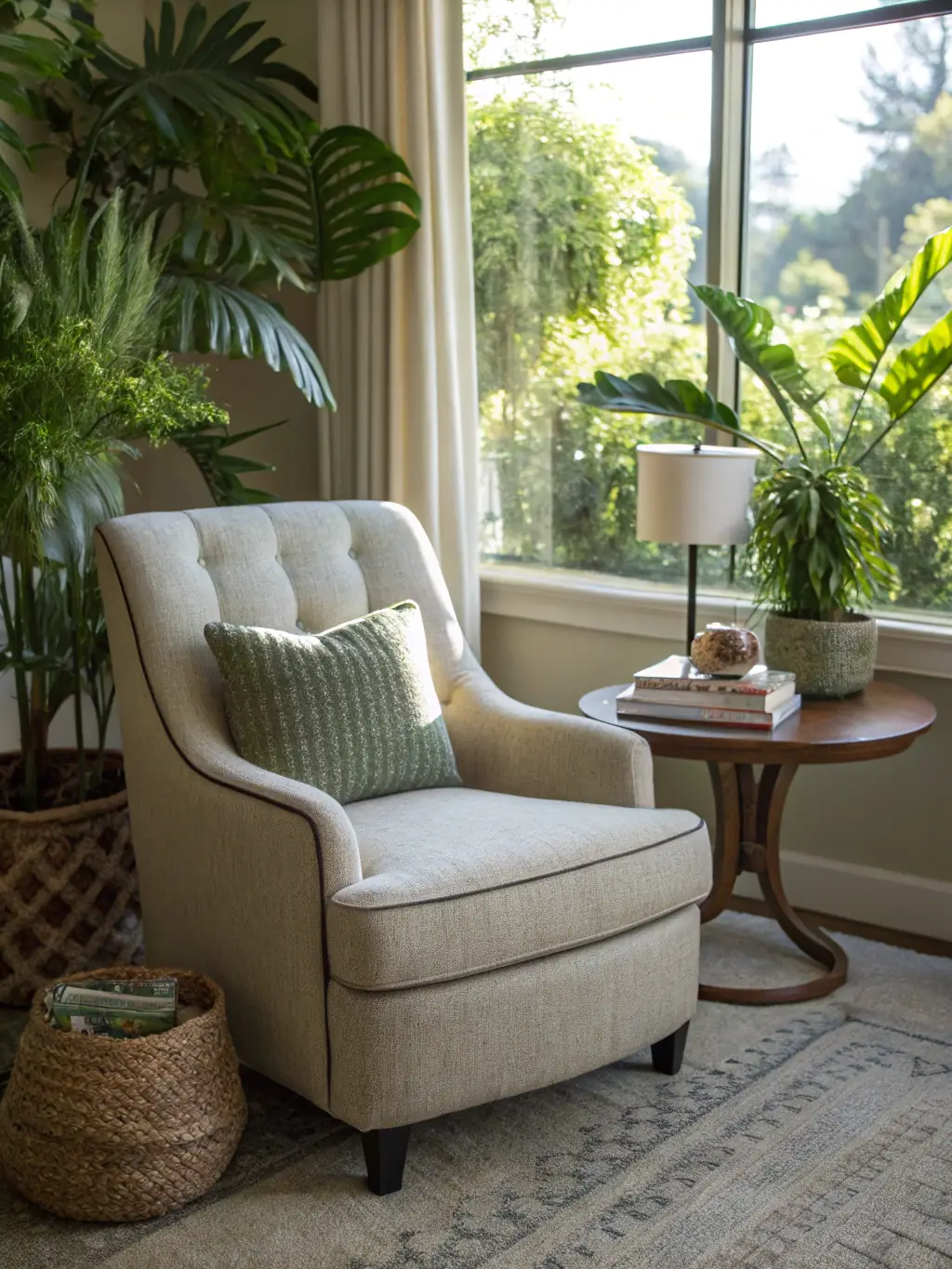 A modern home interior featuring potted plants that are known for their air-purifying qualities, such as snake plants and spider plants.