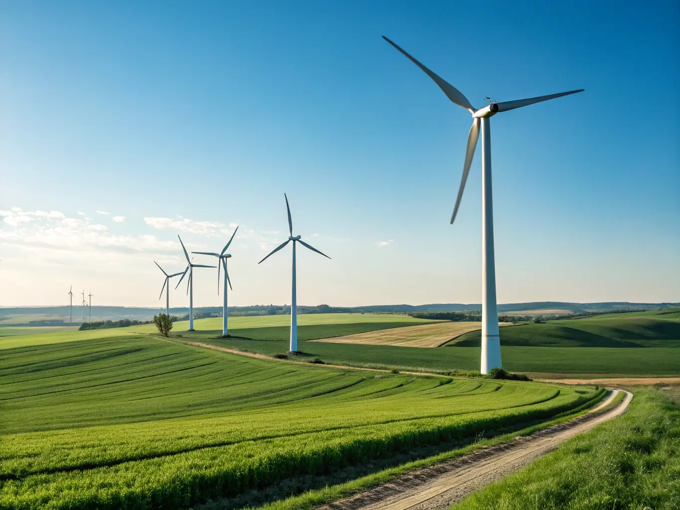 A photograph of a wind turbine farm in Canada, set against a clear blue sky, symbolizing renewable energy initiatives.