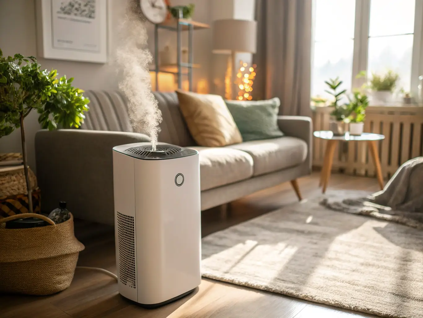 A sleek, modern air purifier made from sustainable bamboo, filtering air in a sunlit Canadian home.