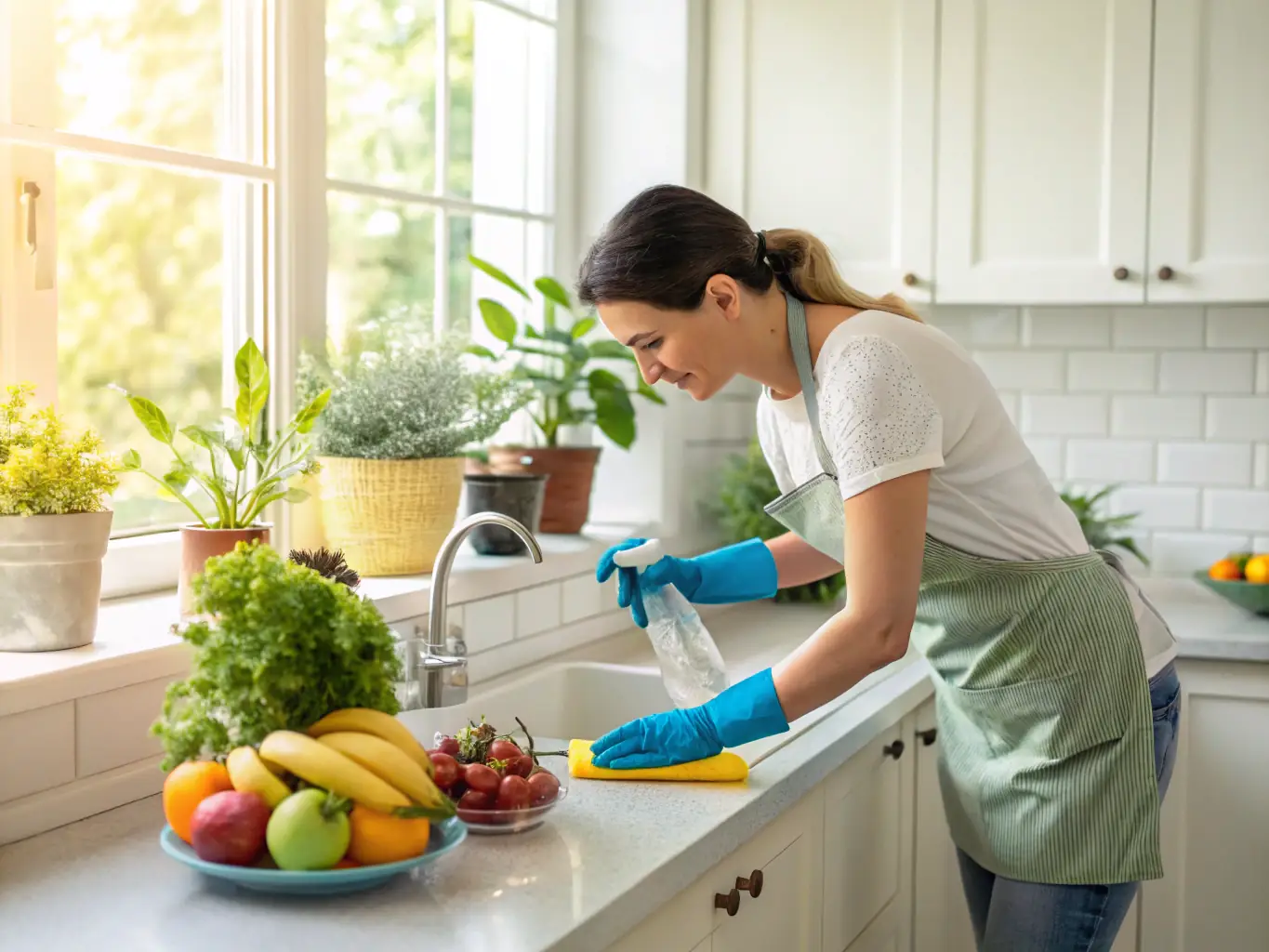 A person using a plant-based, biodegradable cleaning spray to clean a kitchen countertop, with sunlight streaming through the window.