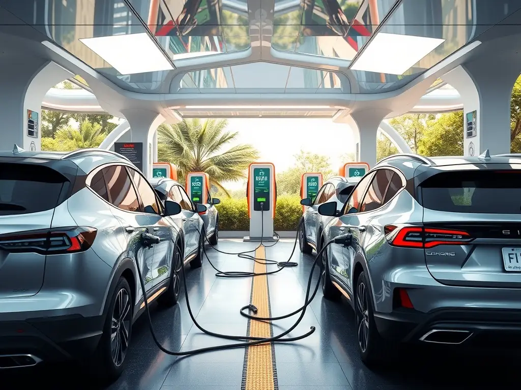 A photograph of a modern electric vehicle charging station in a Canadian city, with several cars plugged in.